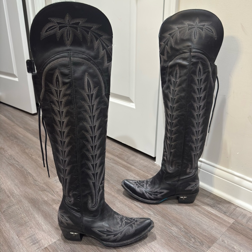Lane Lexington Over The Knee Corset Western Cowboy Jet Black Leather Boots